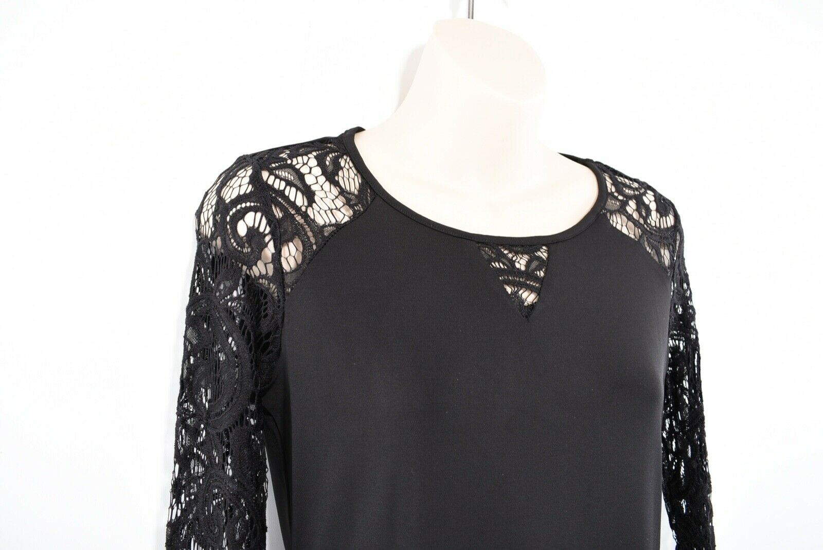 CARMEN MARC VALVO Women's Long Sleeve Top, Lace Sleeves, Black, size S