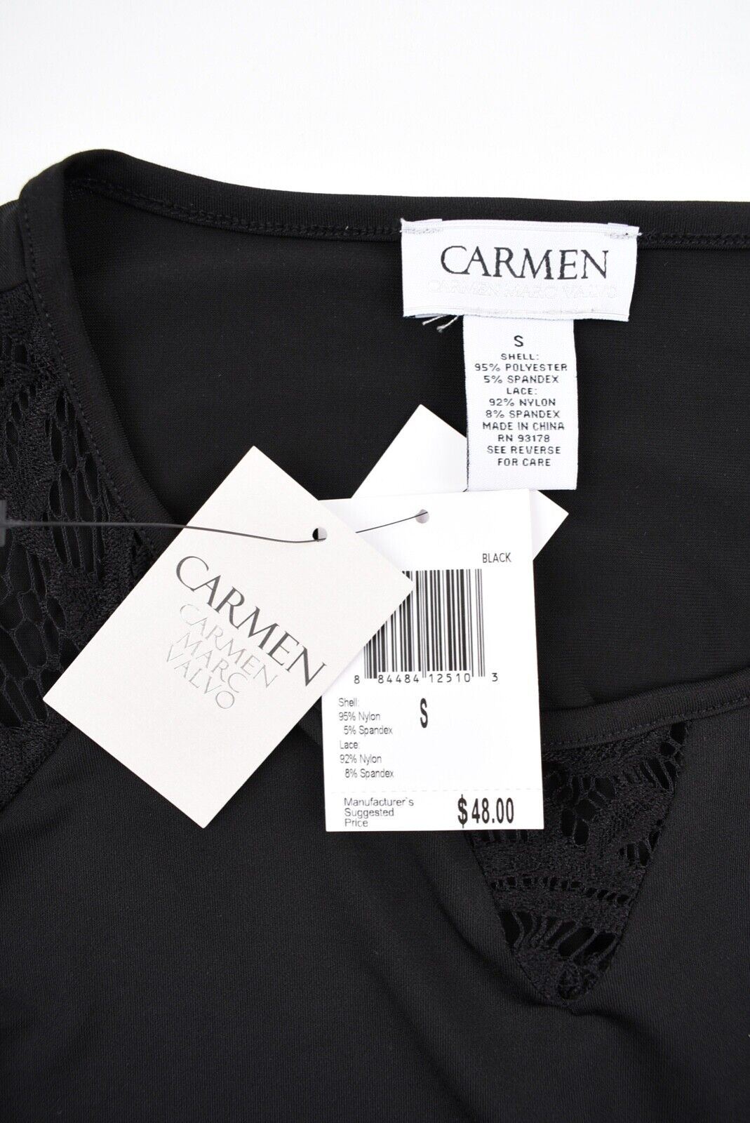 CARMEN MARC VALVO Women's Long Sleeve Top, Lace Sleeves, Black, size S