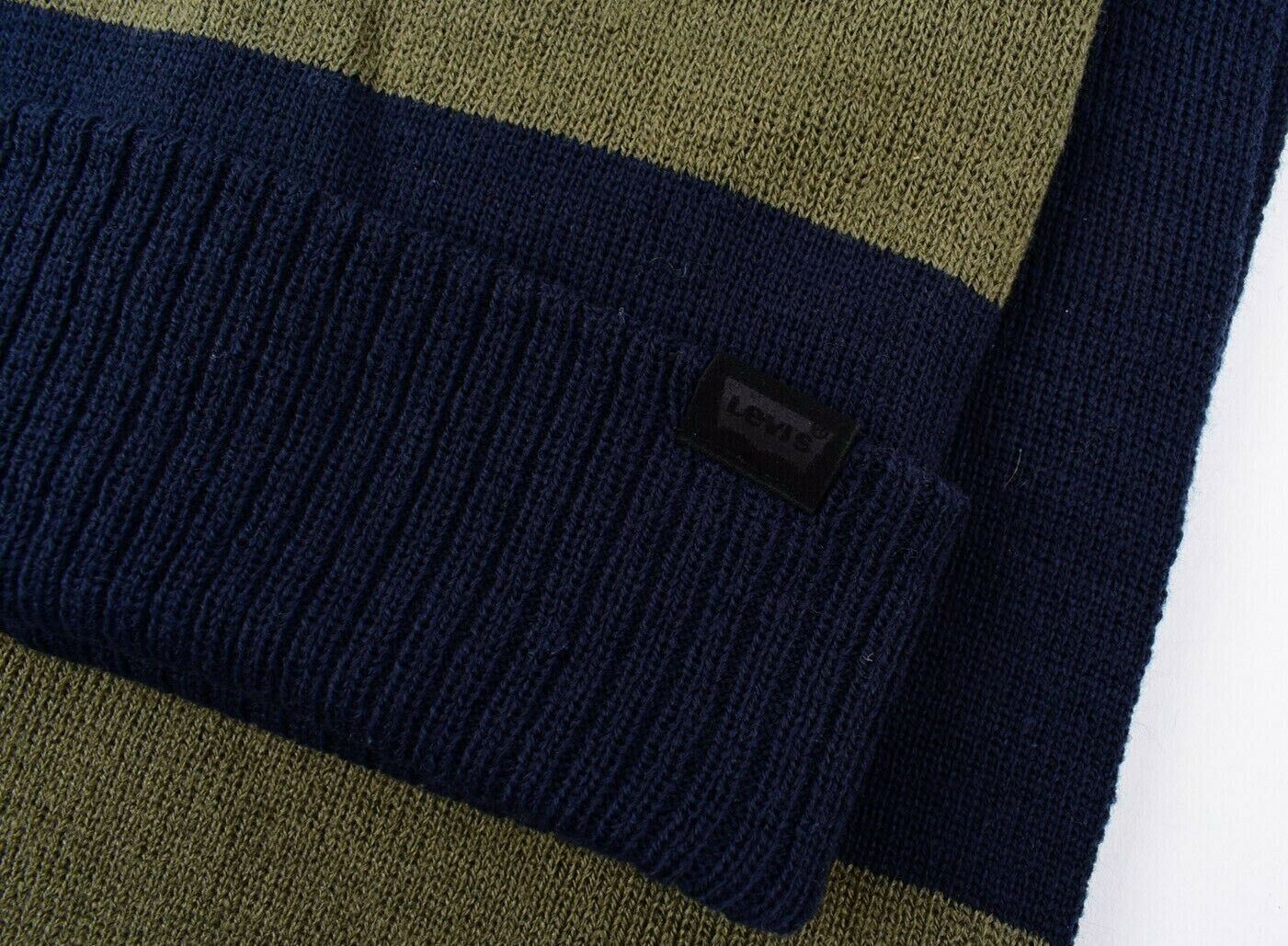 LEVI'S Men's 2-pc Knitted Winter Set, Scarf + Beanie Hat, Navy Blue/Green/Grey