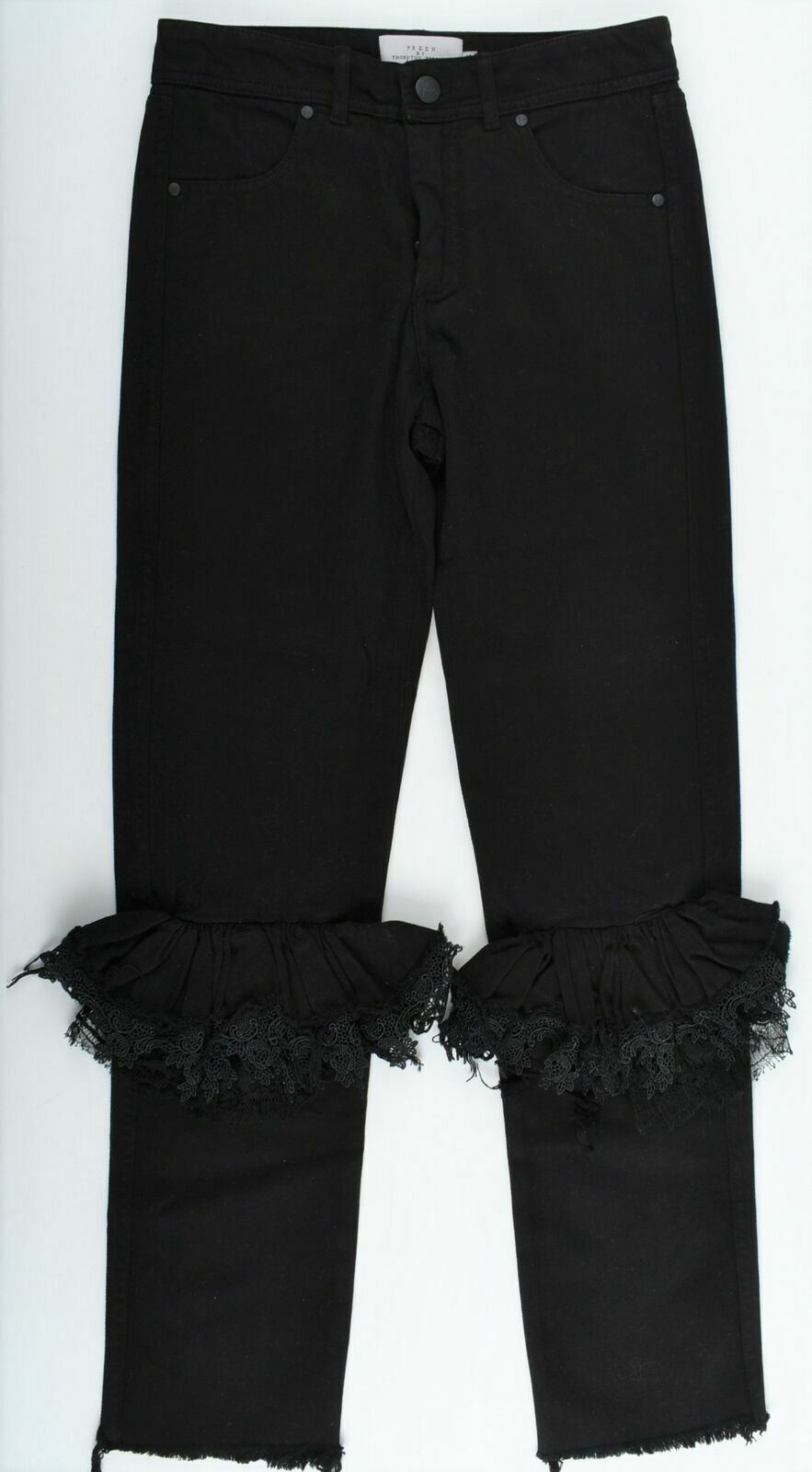 PREEN BY THORNTON BREGAZZI Women's Ruffled Lace trim Black Jeans- size XS