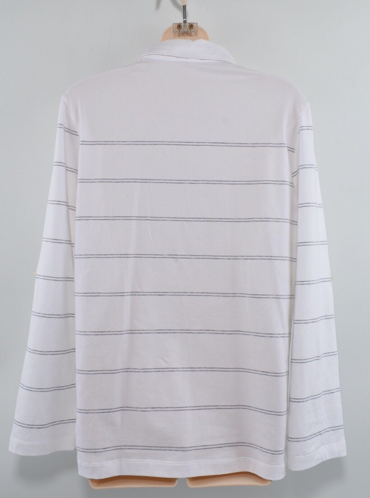LACOSTE Women's White & Grey Stripes Long Sleeve Collared Top, size L
