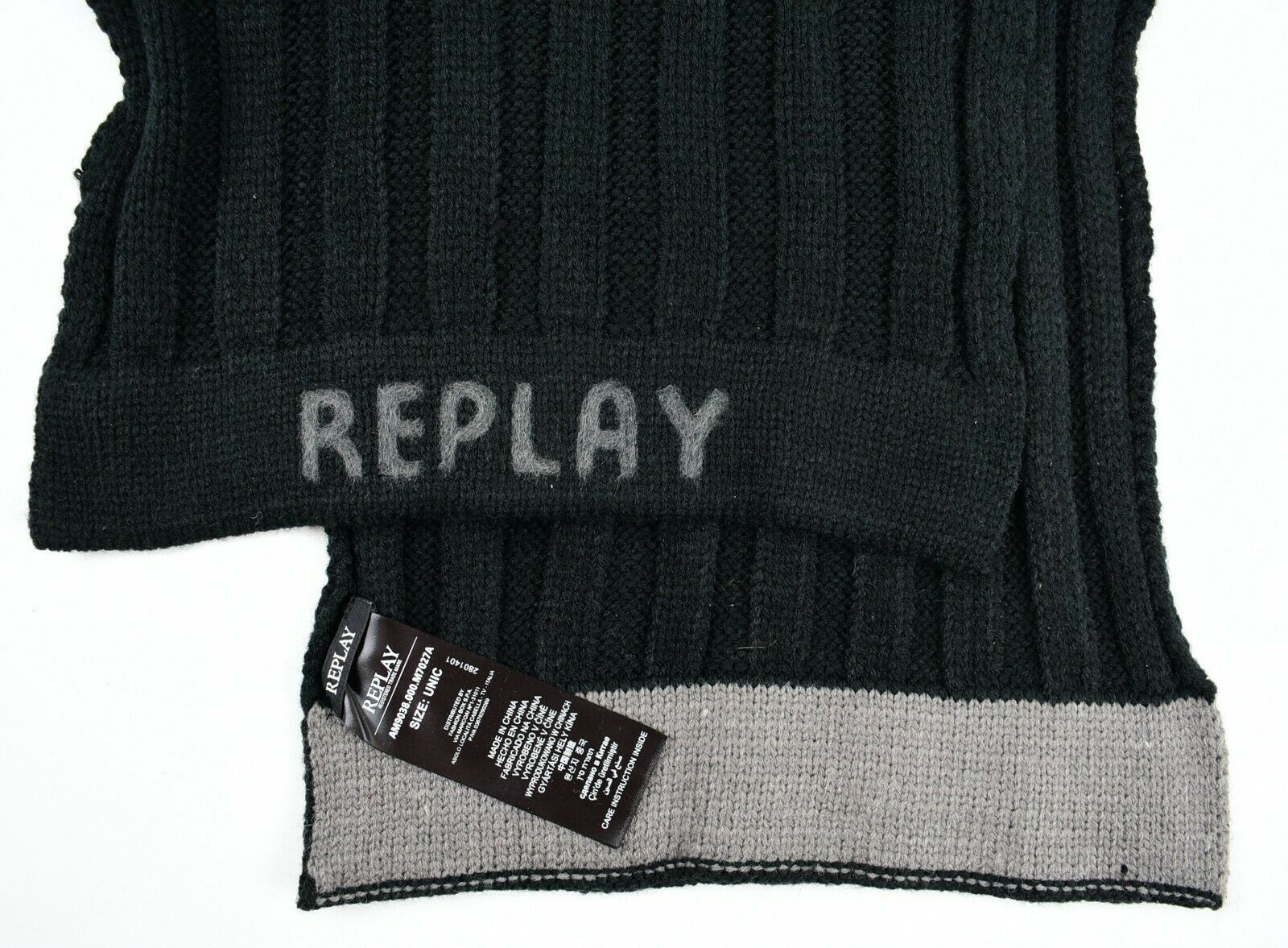 REPLAY Men's Black Rib Knit Scarf, Acrylic /Wool Blend, Gift Boxed