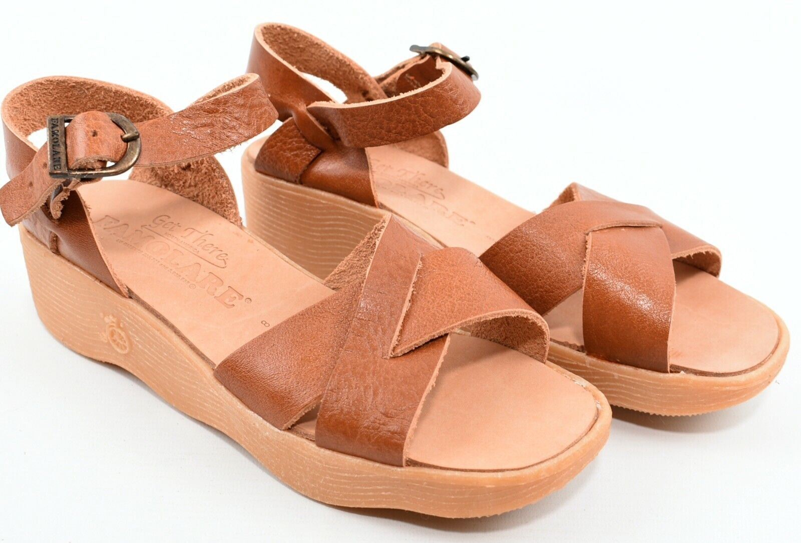 FAMOLARE Women's Genuine Leather Small Wedge Sandals, Cognac Brown size UK 5.5
