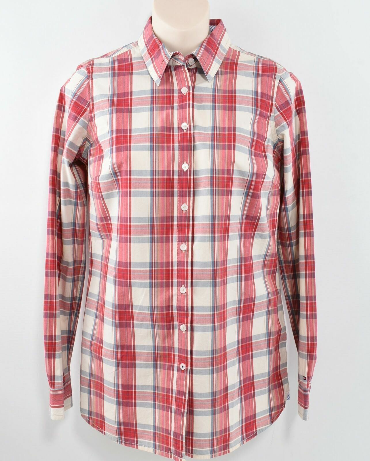 TOMMY HILFIGER Women's Red Plaid Long Sleeved Collared Shirt- UK 6 EU 34