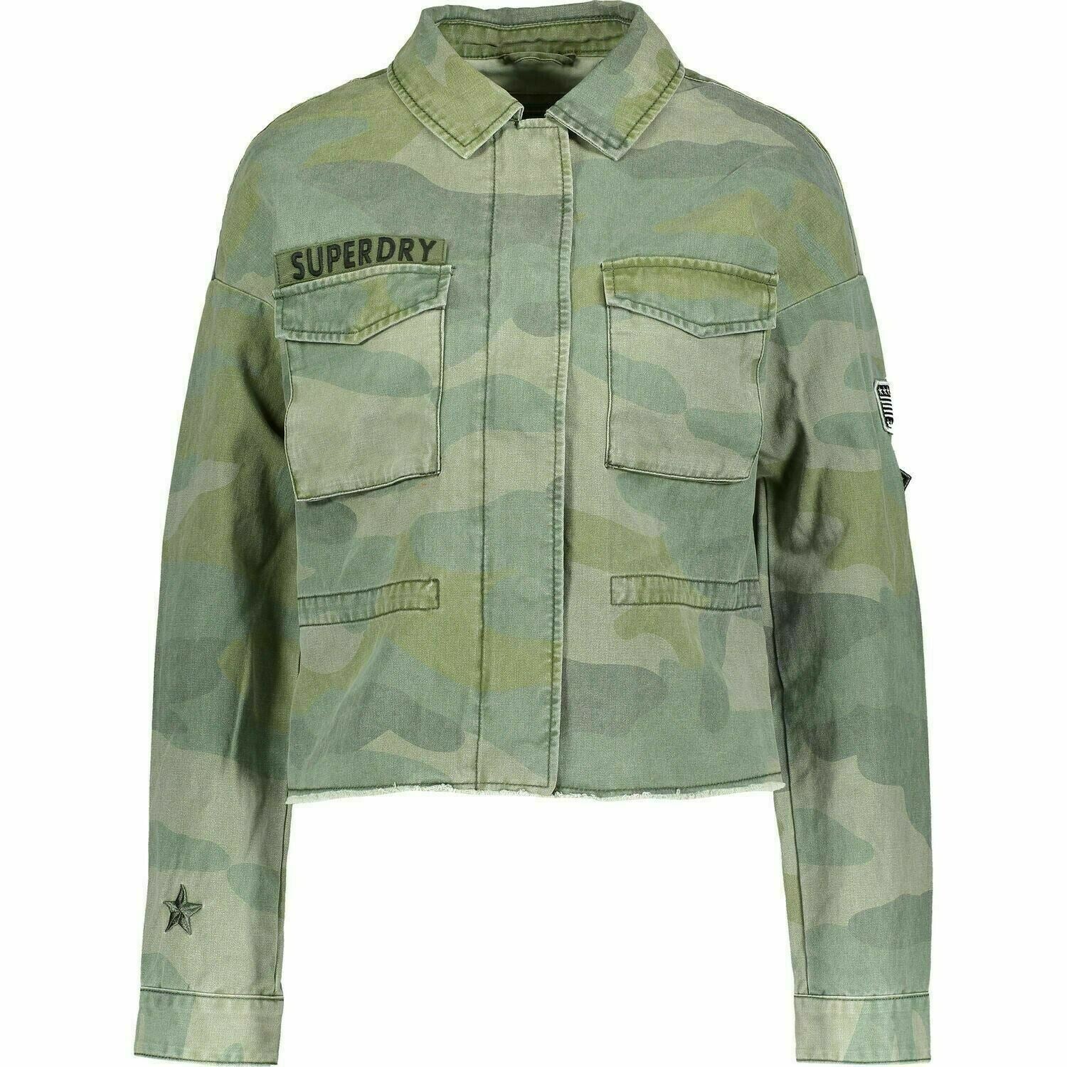 SUPERDRY Women's Crop Utility Jacket, Washed Green Camo, size XS