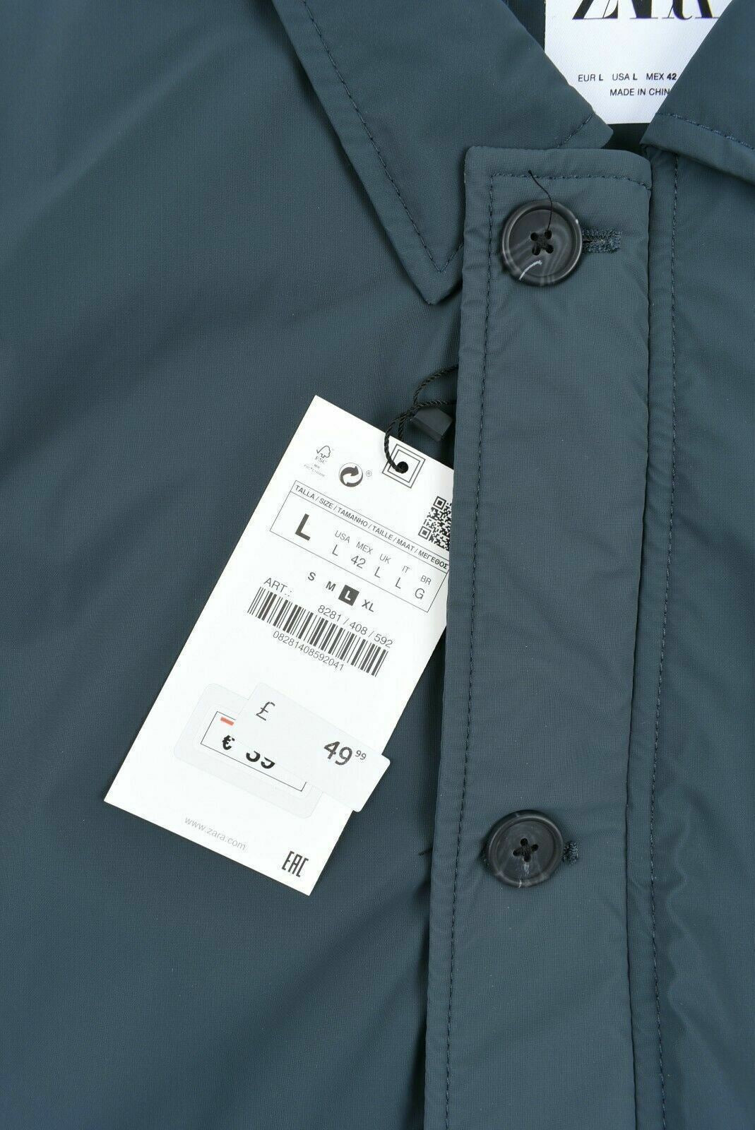 ZARA Menâs Overshirt Collared Jacket, Lightly Padded, Slate Grey, size L