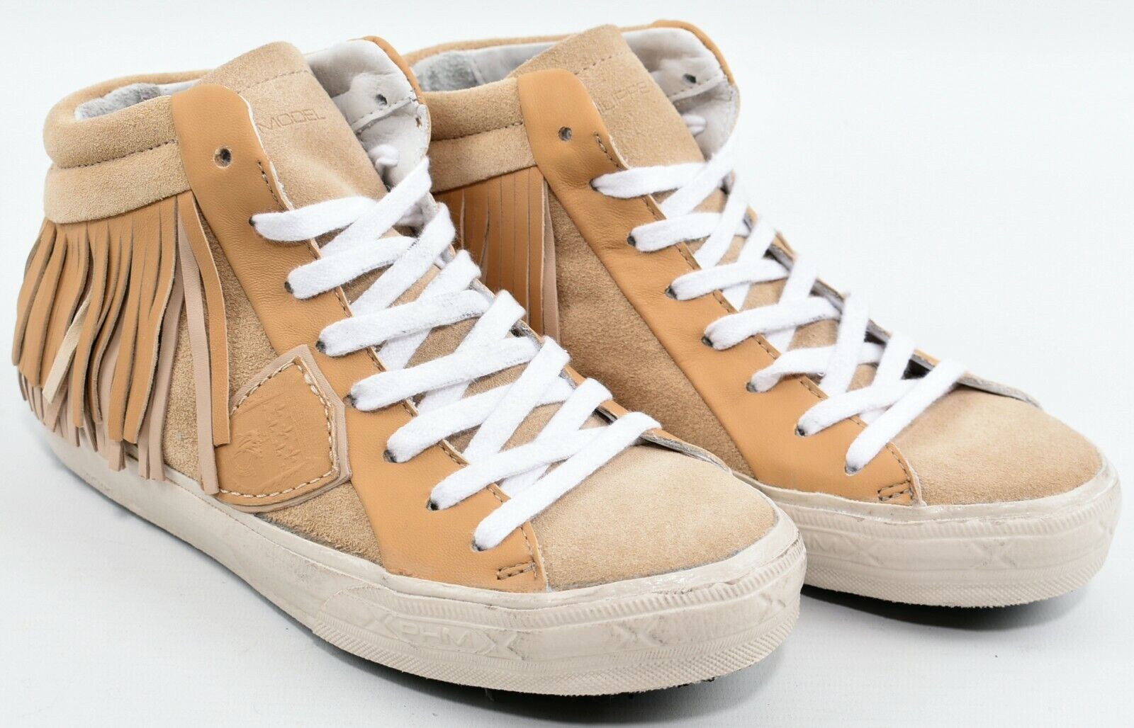 PHILIPPE MODEL Women's Mid Top Beige Leather Fringe Trainers, size UK 2 / EU 35