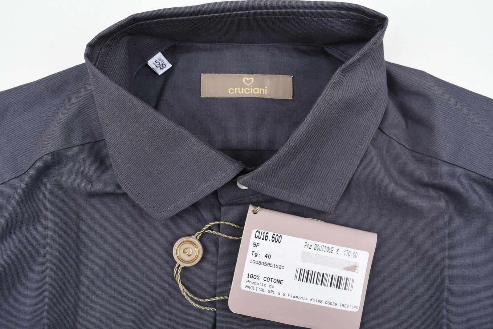 CRUCIANI Men's Grey Cotton Shirt, Made in Italy, size collar 15.75"