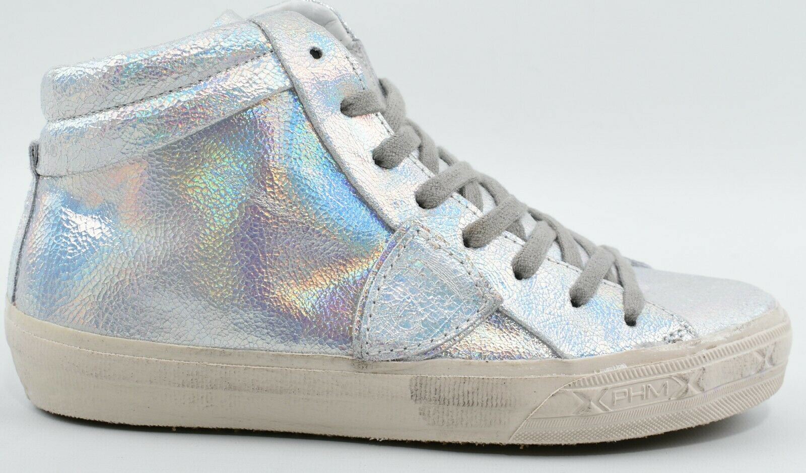 PHILIPPE MODEL Women's Mid Top Silver Leather Trainers, size UK 2 / EU 35