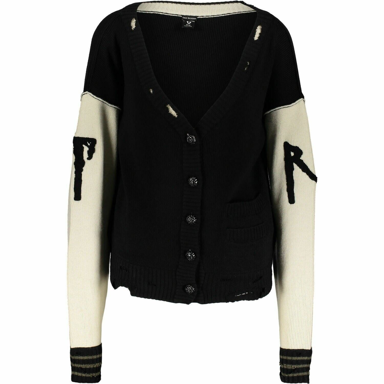 TRUE RELIGION Women's Distressed Knitted Cardigan, Black /Cream, size Medium