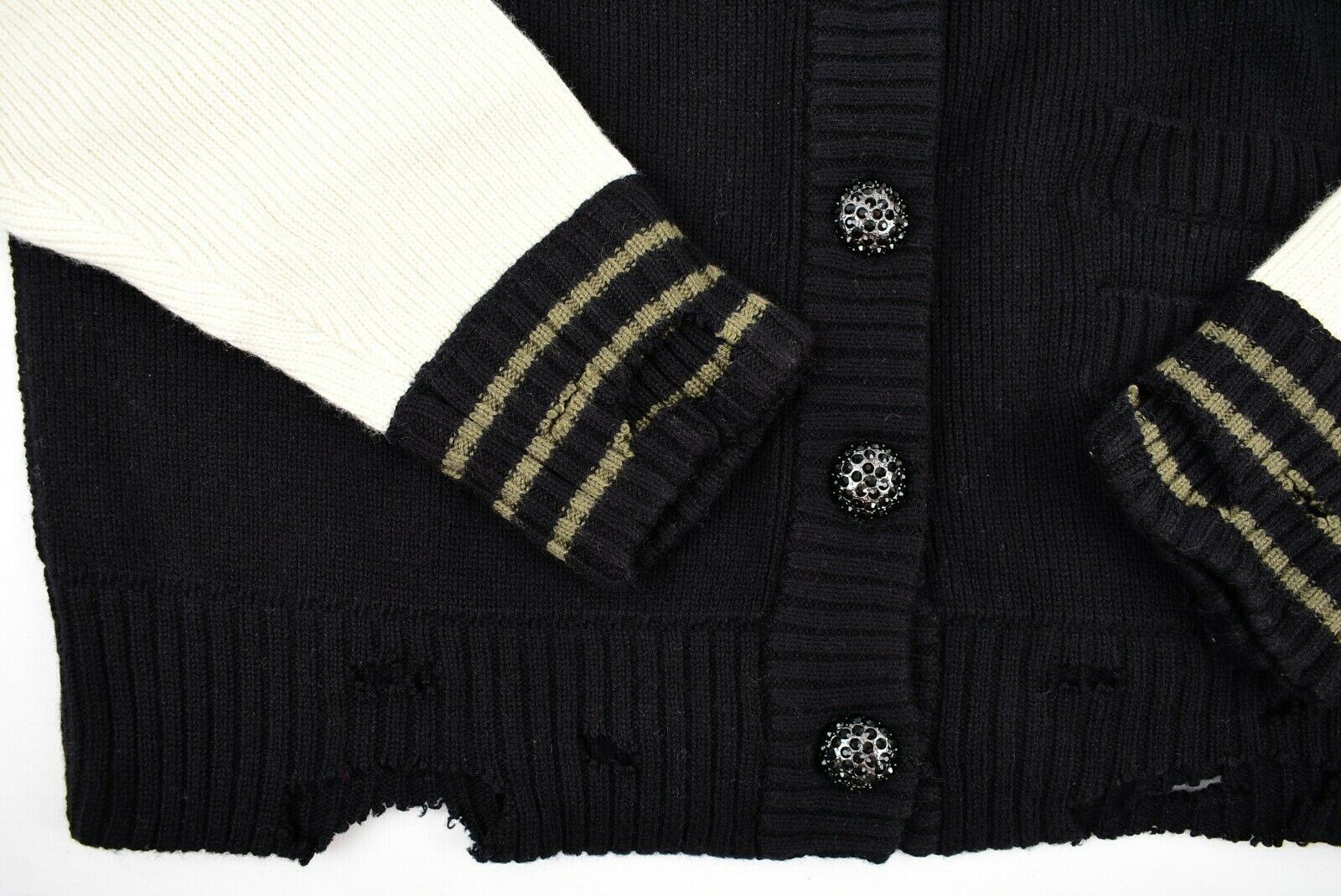 TRUE RELIGION Women's Distressed Knitted Cardigan, Black /Cream, size Medium