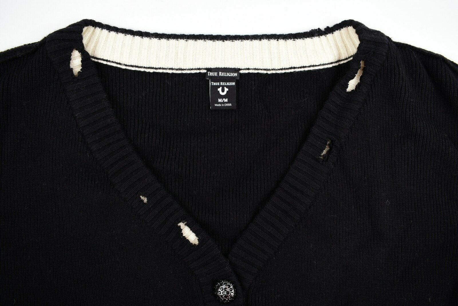 TRUE RELIGION Women's Distressed Knitted Cardigan, Black /Cream, size Medium
