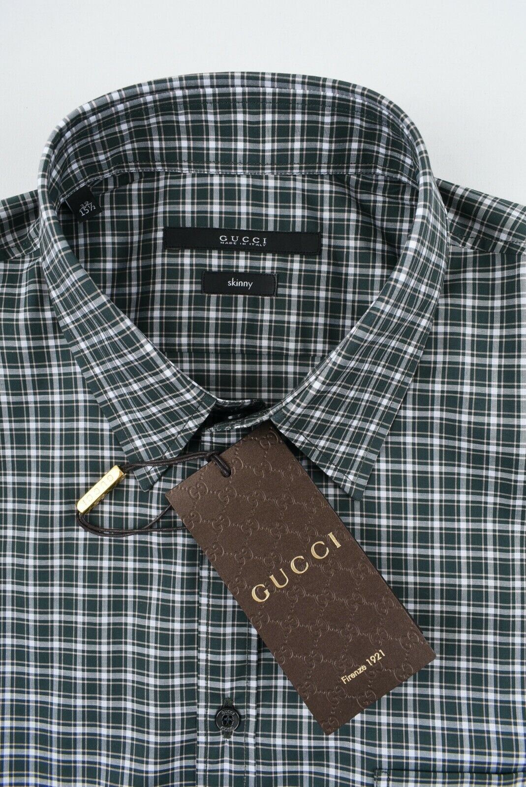 GUCCI Men's Green Checked Long Sleeve Shirt, SKINNY FIT, collar 15.5"