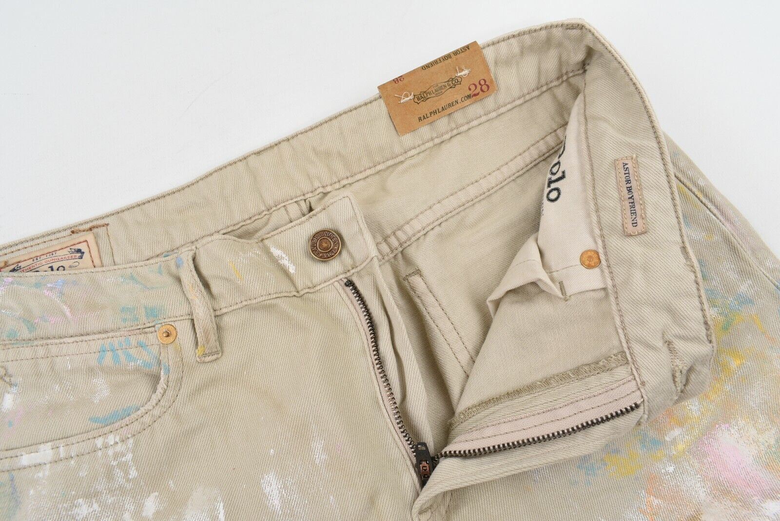 POLO RALPH LAUREN Women's ASTOR Paint Splatter Boyfriend Jeans, Beige, size W28