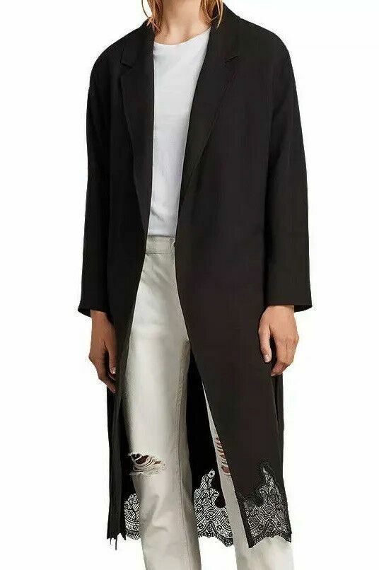 ALLSAINTS Womenâs SANDRA Black Belted Lace Hem Mac Coat, size M