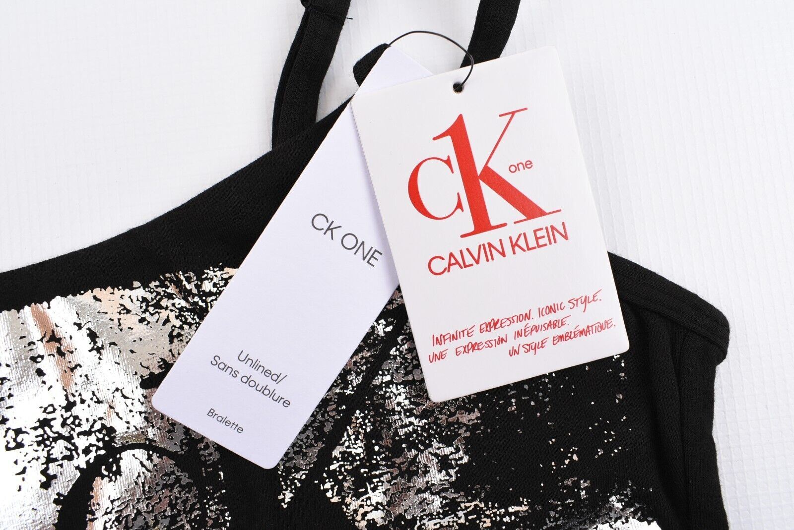 CALVIN KLEIN CK ONE Women's Black & Foil Print Cotton Bralette, size S (UK 10)