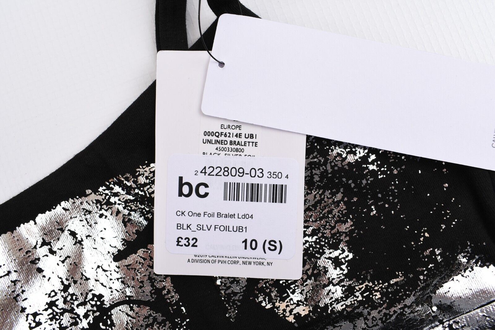 CALVIN KLEIN CK ONE Women's Black & Foil Print Cotton Bralette, size S (UK 10)