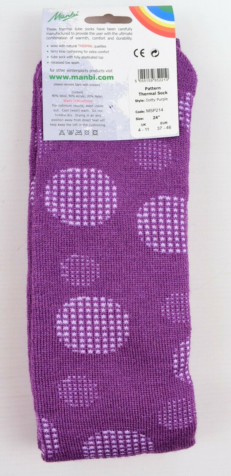 MANBI 24" Purple/Dotty Thermal Socks, Wool Blend (40% wool) One size Unisex