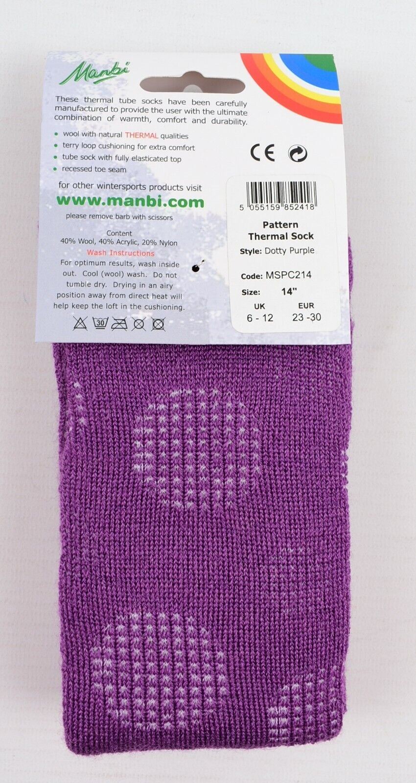 MANBI 14" Purple/Dotty Thermal Socks, Wool Blend (40% wool) UK infant size 6-12