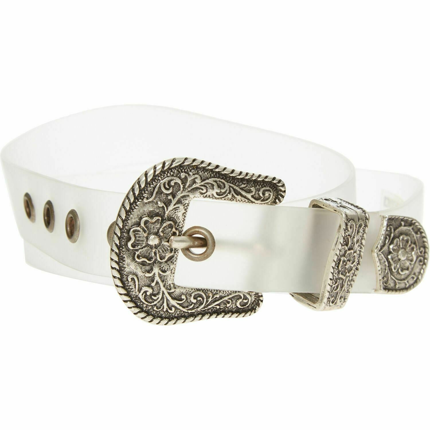 DIESEL Women's Clear PVC Belt with Embossed Hardware, 1" wide, size 85cm