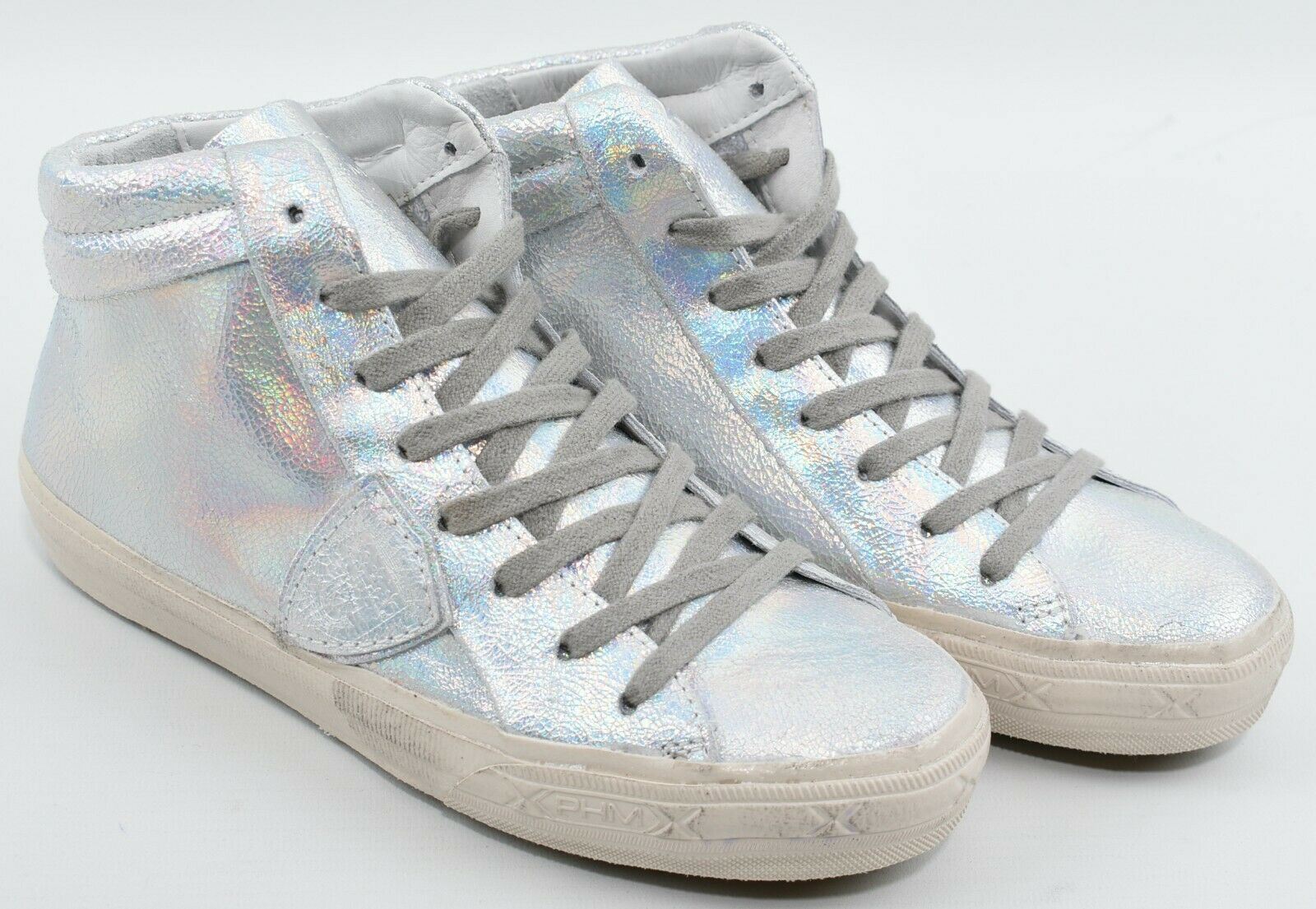 PHILIPPE MODEL Women's Mid Top Silver Leather Trainers, size UK 3 / EU 36