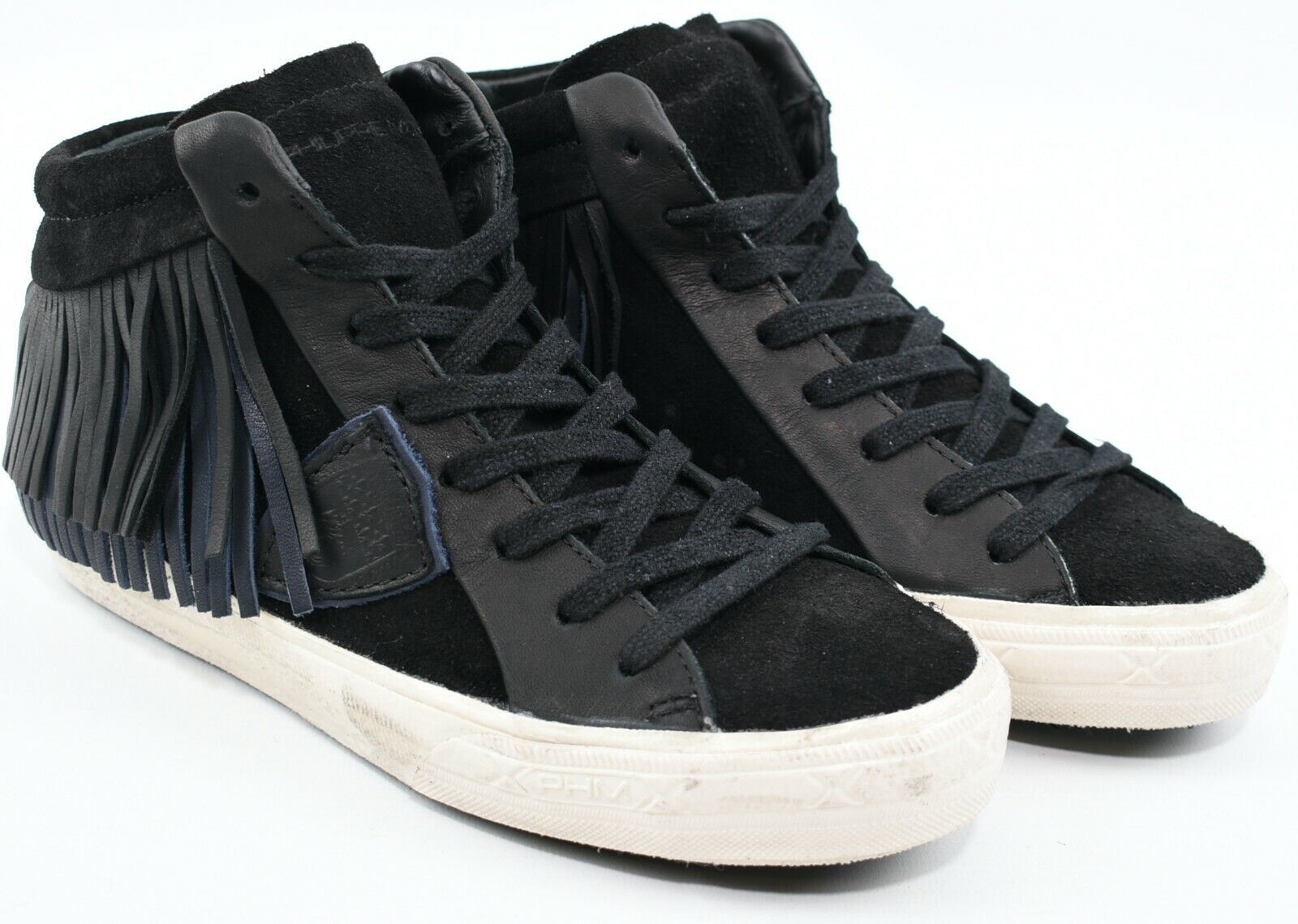 PHILIPPE MODEL Women's Mid Top Black Leather Fringe Trainers, size UK 3 / EU 36