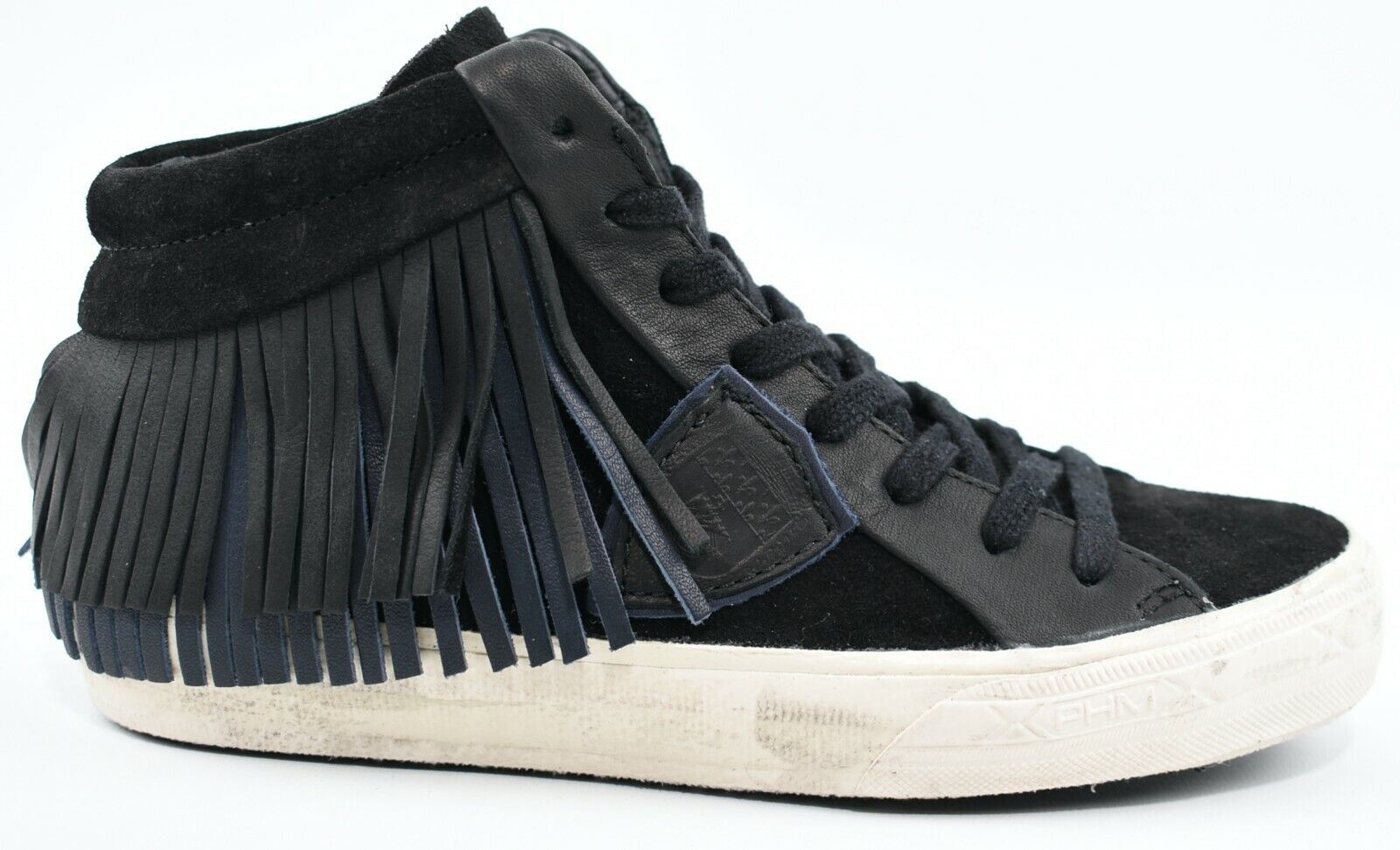 PHILIPPE MODEL Women's Mid Top Black Leather Fringe Trainers, size UK 3 / EU 36