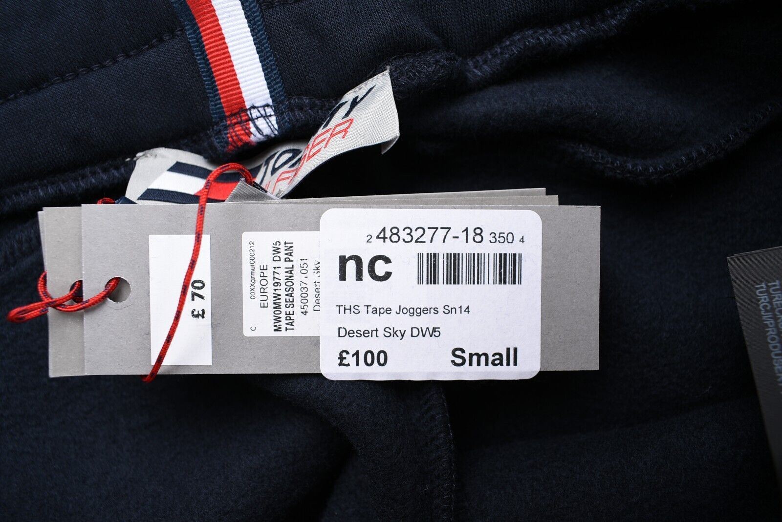 TOMMY HILFIGER Men's Tape Joggers, Organic Cotton Blend, Desert Sky Blue size S