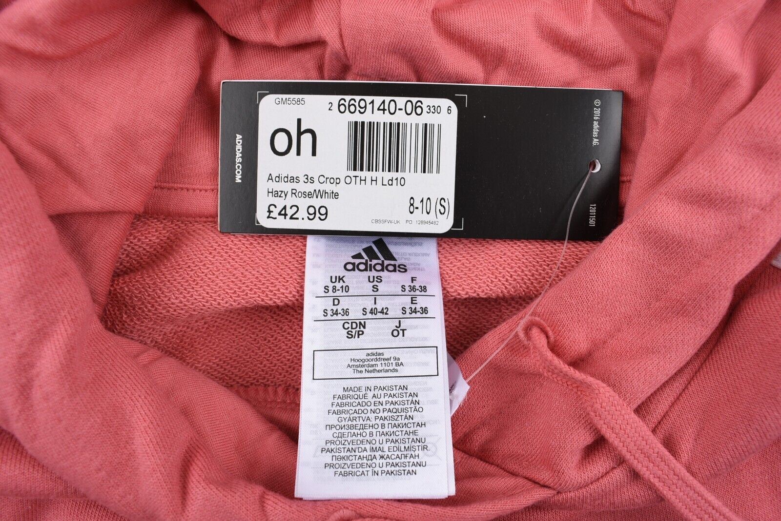 ADIDAS Women's Cropped 3 Stripe Logo Hoodie, Hazy Rose (pink), size S /UK 8-10