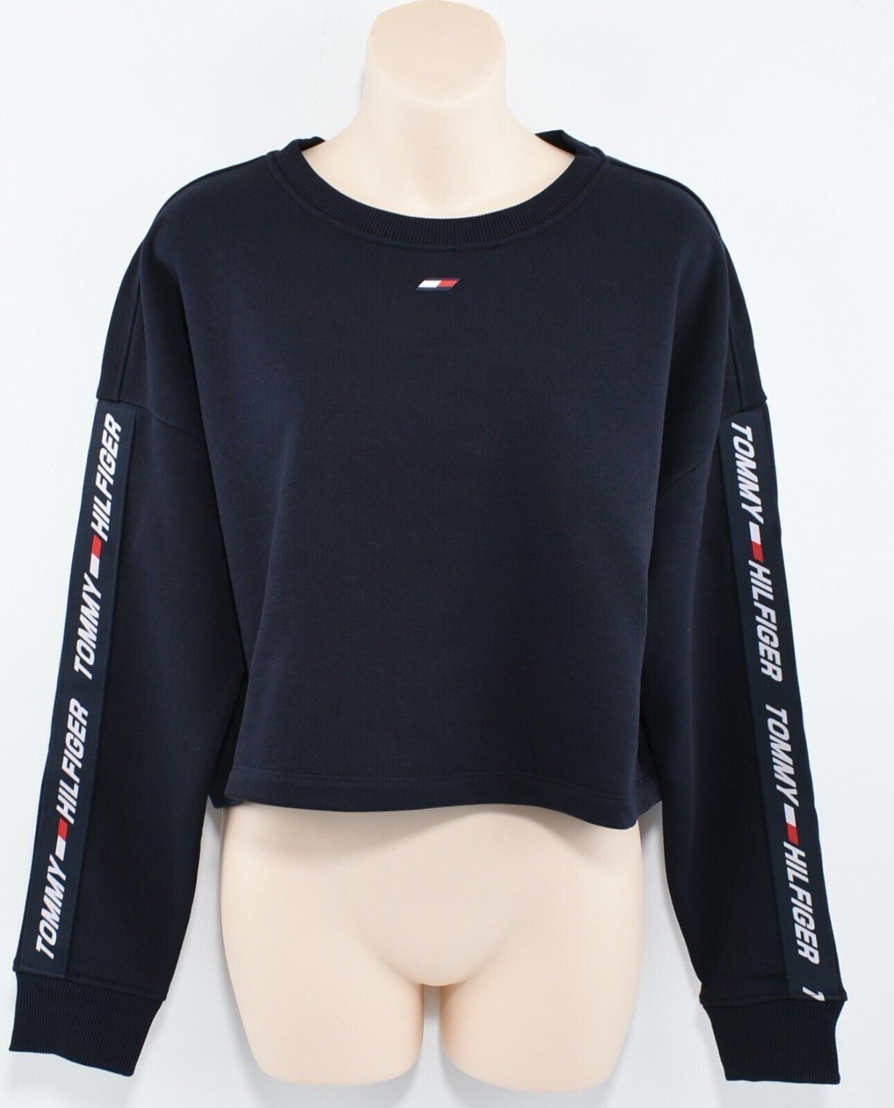TOMMY HILFIGER Women's Tape Sleeve Crew Neck Cropped Sweatshirt, Blue, size L