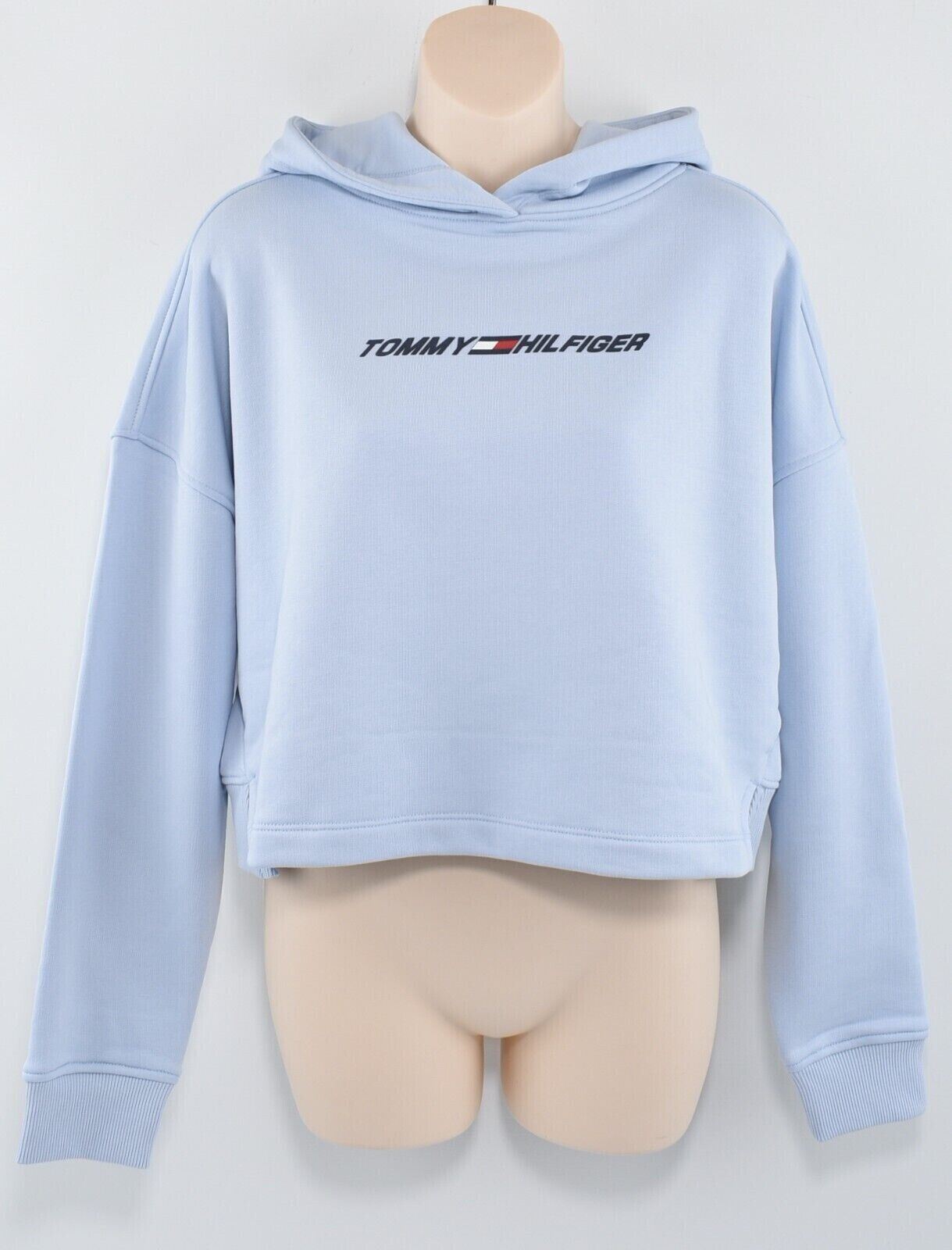 TOMMY HILFIGER Women's Cropped Logo Hoodie, Organic Cotton Blend, Blue, size L