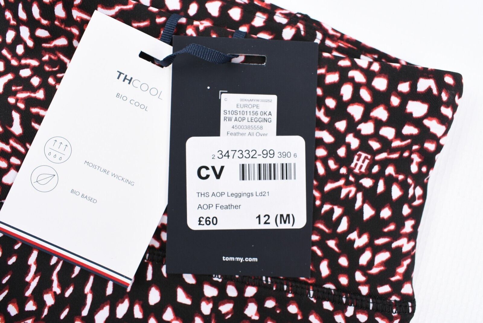 TOMMY HILFIGER Activewear Women's Leggings, Black/Red Pattern, size M (UK 12)