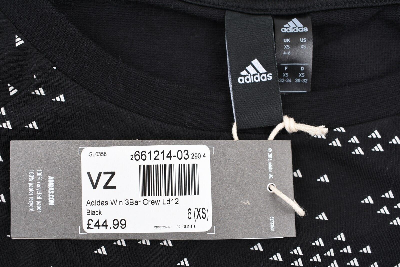 ADIDAS Women's WIN 3-BAR Crew Sweatshirt, Relaxed Fit, Black, size XS (UK 4-6)