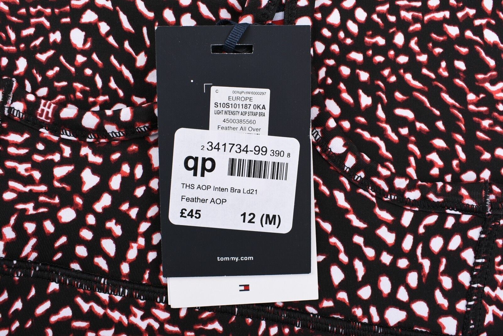 TOMMY HILFIGER Women's Racerback Sports Bra, Black/Red Pattern, size M (UK 12)