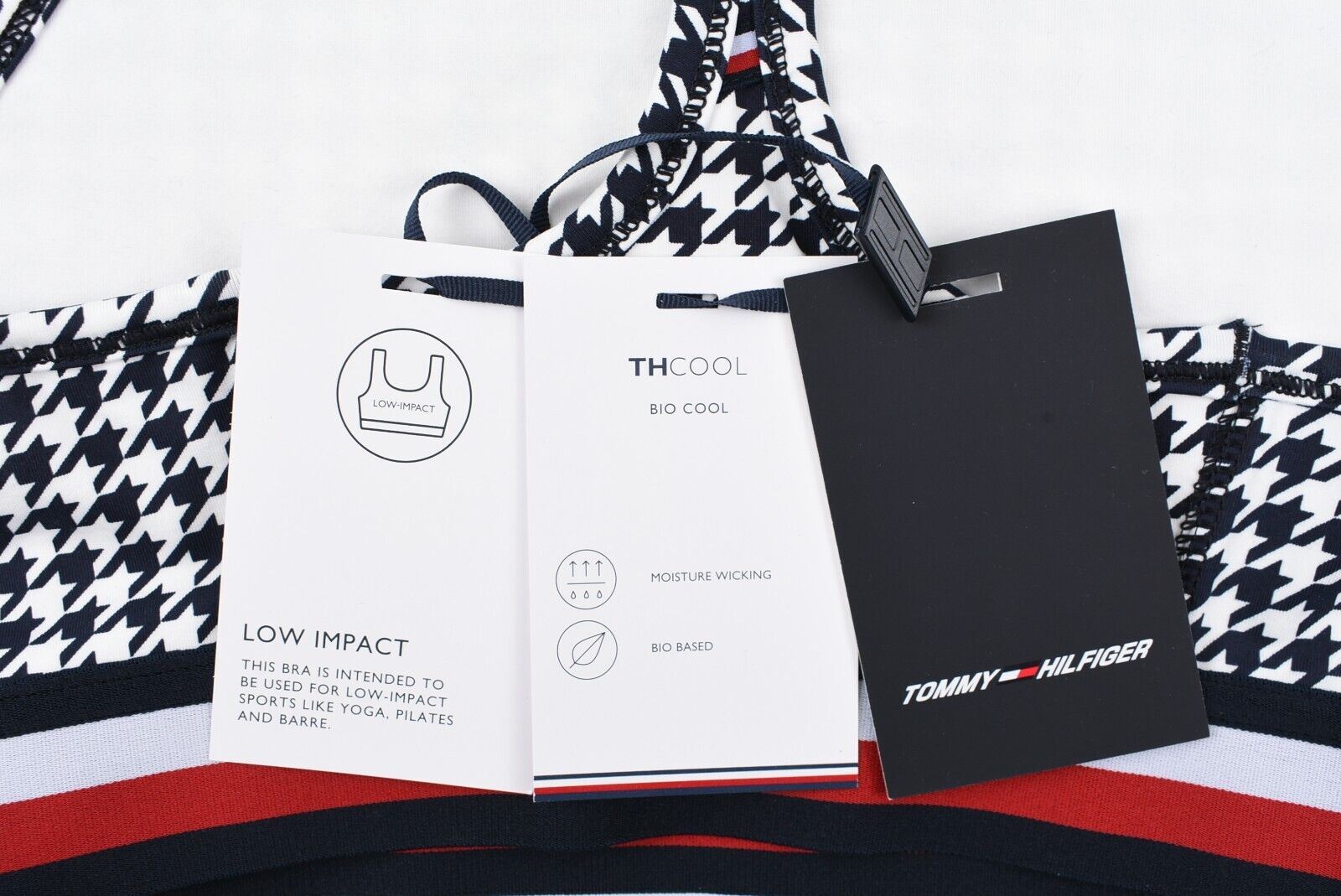 TOMMY HILFIGER Women's Racerback Sports Bra, Navy Blue/Houndstooth, size S UK 10