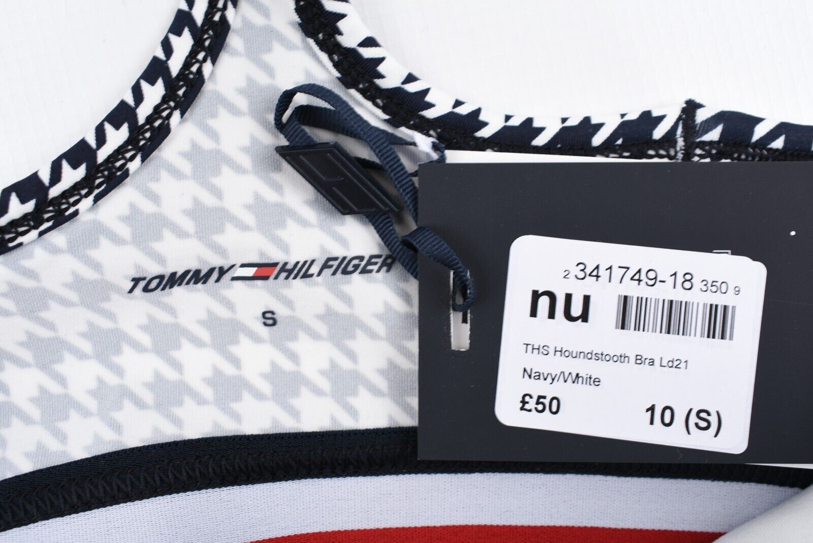 TOMMY HILFIGER Women's Racerback Sports Bra, Navy Blue/Houndstooth, size S UK 10