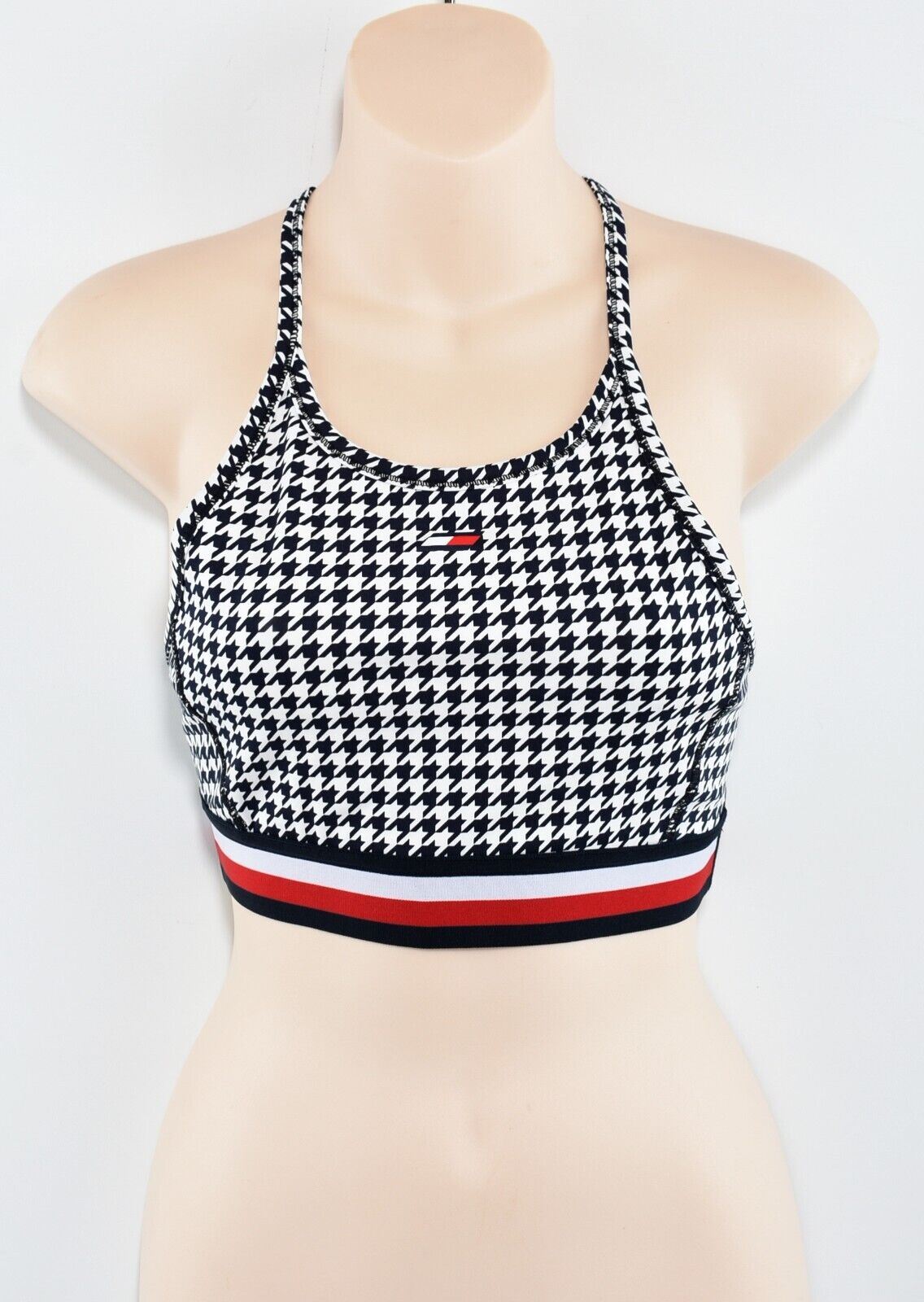TOMMY HILFIGER Women's Racerback Sports Bra, Navy Blue/Houndstooth, size M UK 12