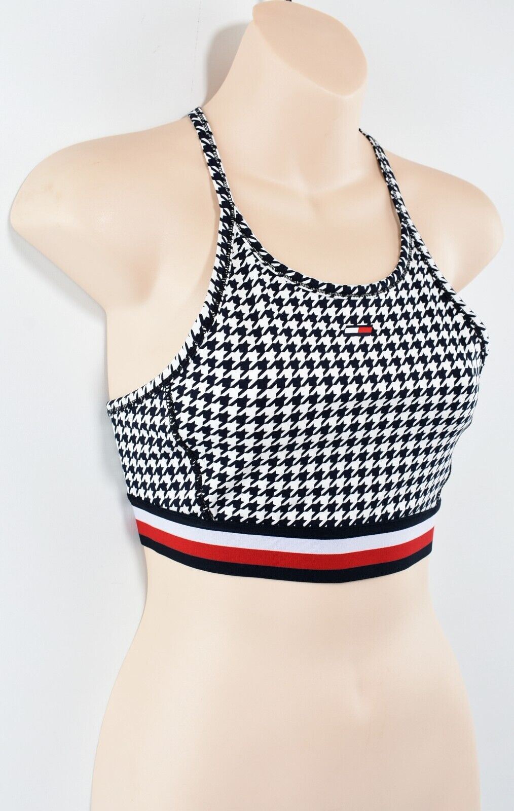TOMMY HILFIGER Women's Racerback Sports Bra, Navy Blue/Houndstooth, size M UK 12