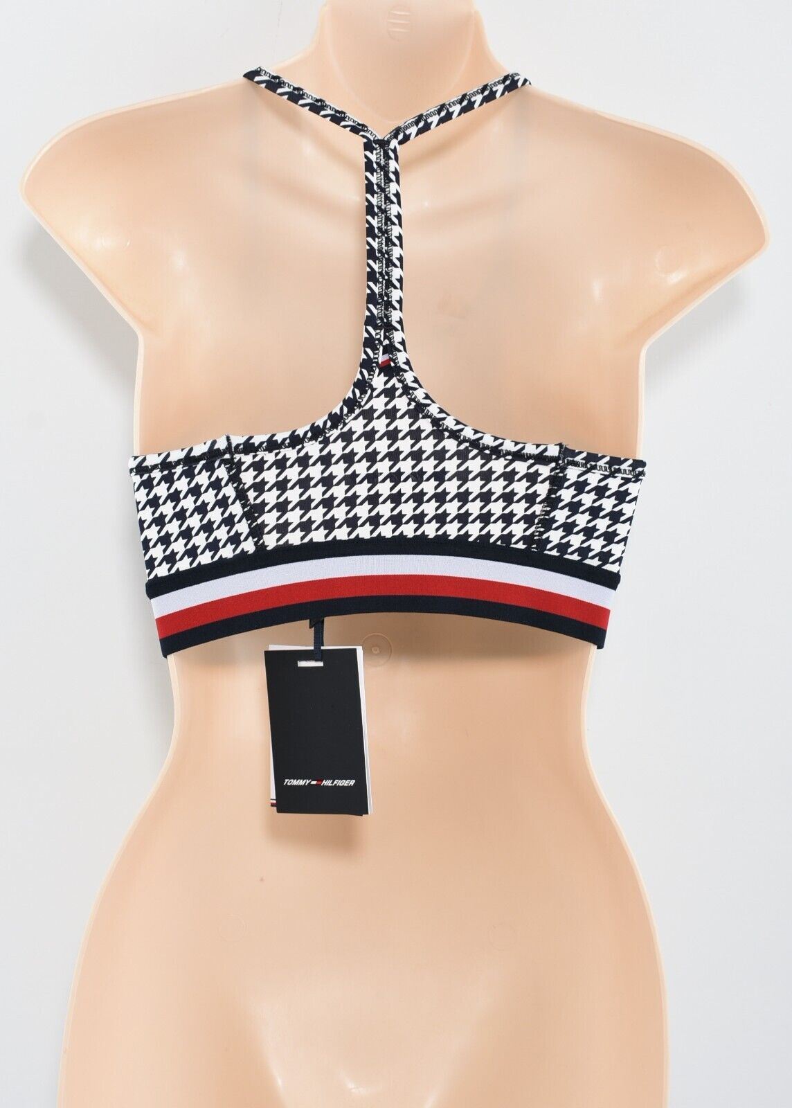 TOMMY HILFIGER Women's Racerback Sports Bra, Navy Blue/Houndstooth, size M UK 12