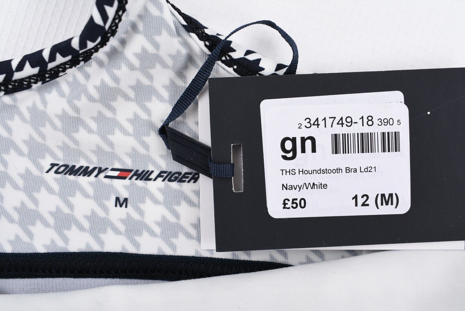 TOMMY HILFIGER Women's Racerback Sports Bra, Navy Blue/Houndstooth, size M UK 12