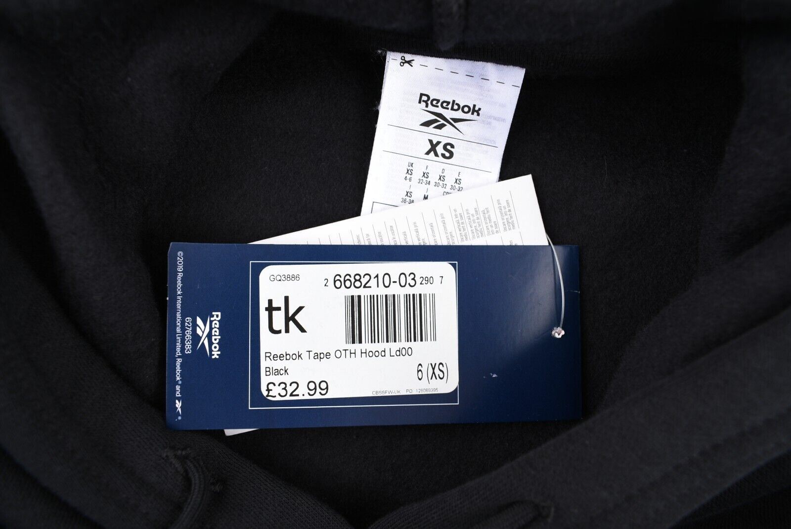 REEBOK Women's Logo Tape Hoodie, Hooded Sweatshirt, Black, size XS (UK 4-6)