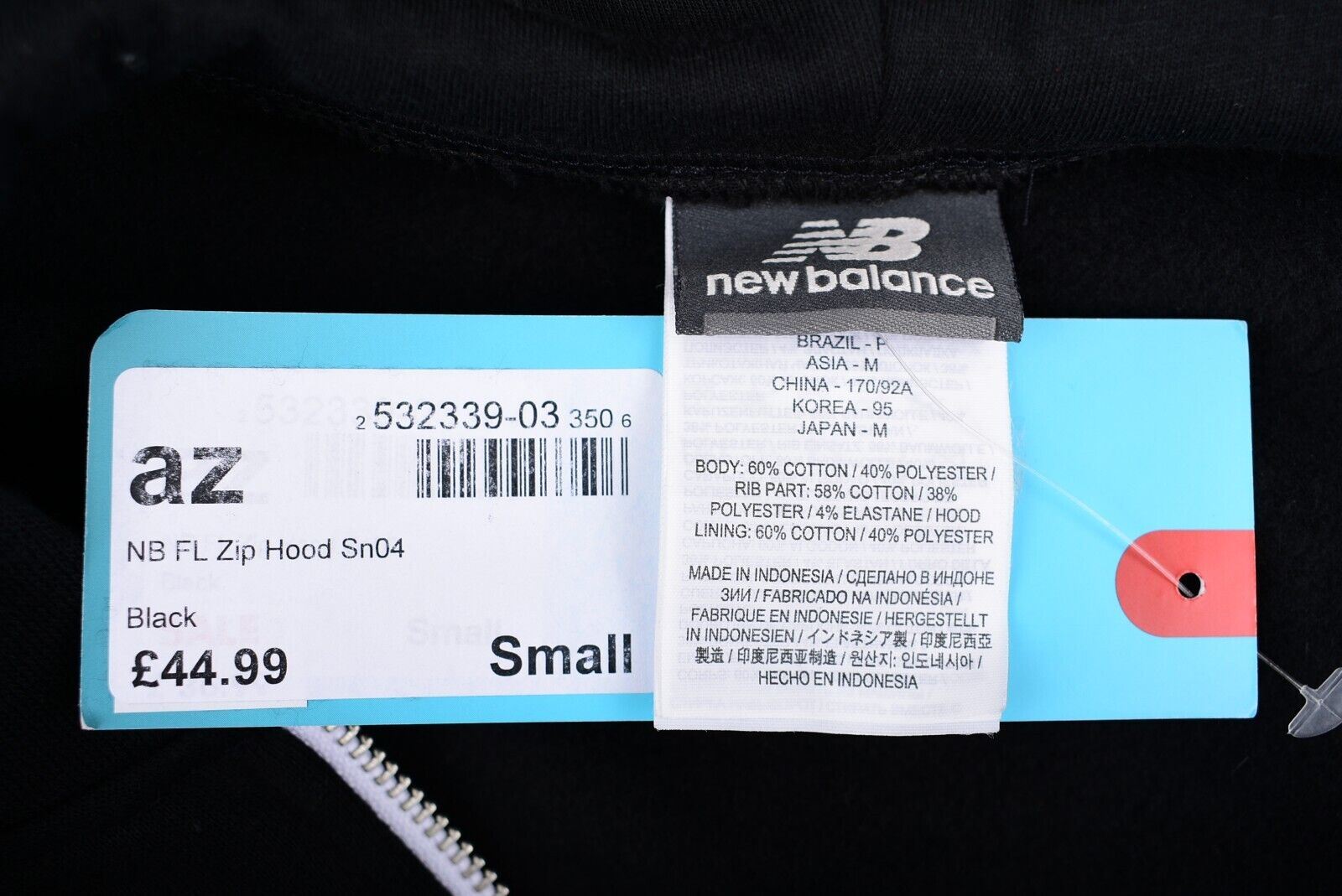 NEW BALANCE Men's Full Zip Hoodie Jacket, Black, size SMALL