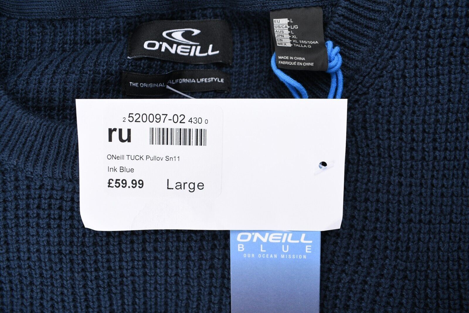 O'NEILL Men's TUCK Pullover Jumper, 100% Cotton Knit, Ink Blue, size LARGE