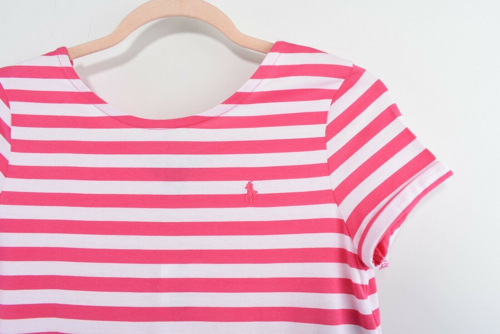 POLO RALPH LAUREN Girls' Pink Striped T-shirt Dress, Ruffle Hem, size 16 years