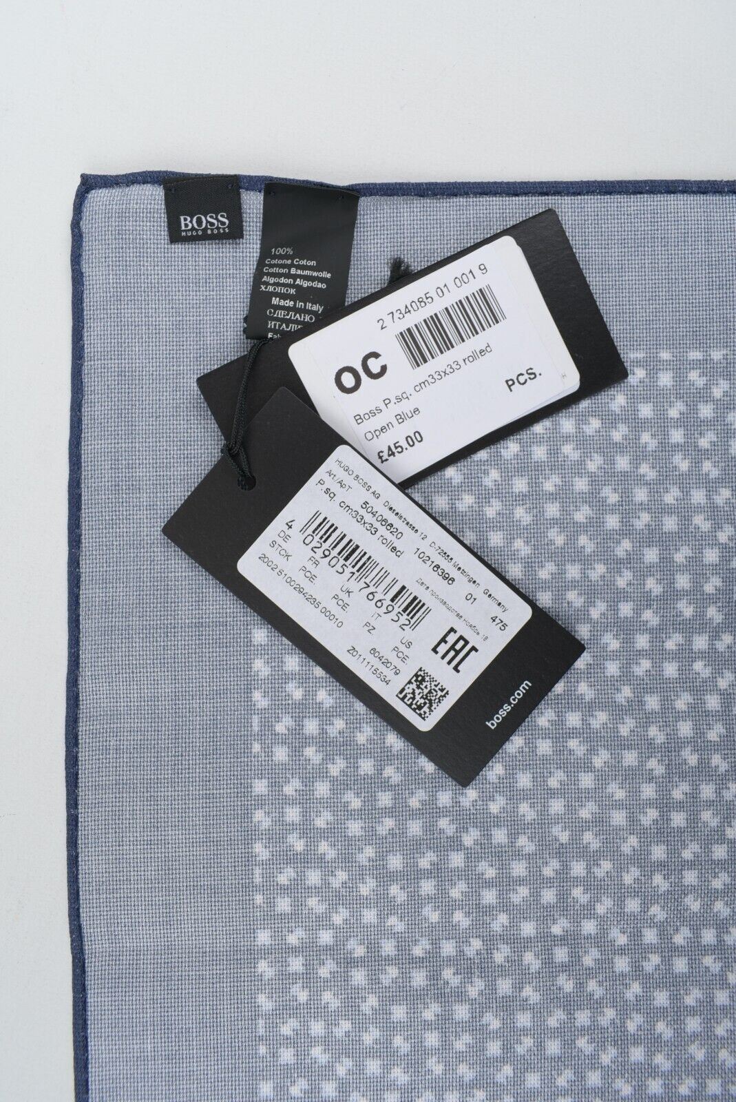 HUGO BOSS Pocket Square /Rolled Scarf  100% Cotton, Navy Blue/Patterned, 33x33cm