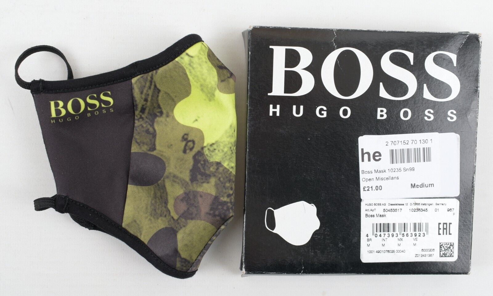 HUGO BOSS Reusable Fabric Face Mask, Black/Green, Unisex - size M