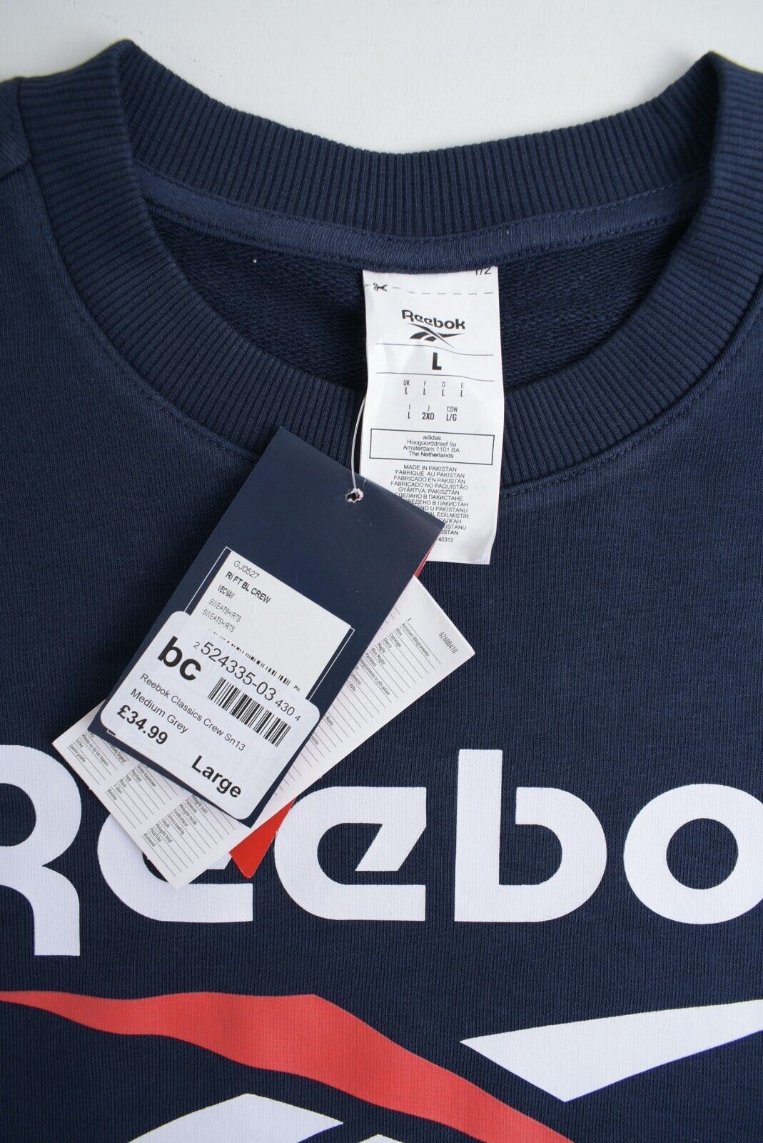 REEBOK Men's Crew Neck Logo Sweatshirt, Navy Blue, size L