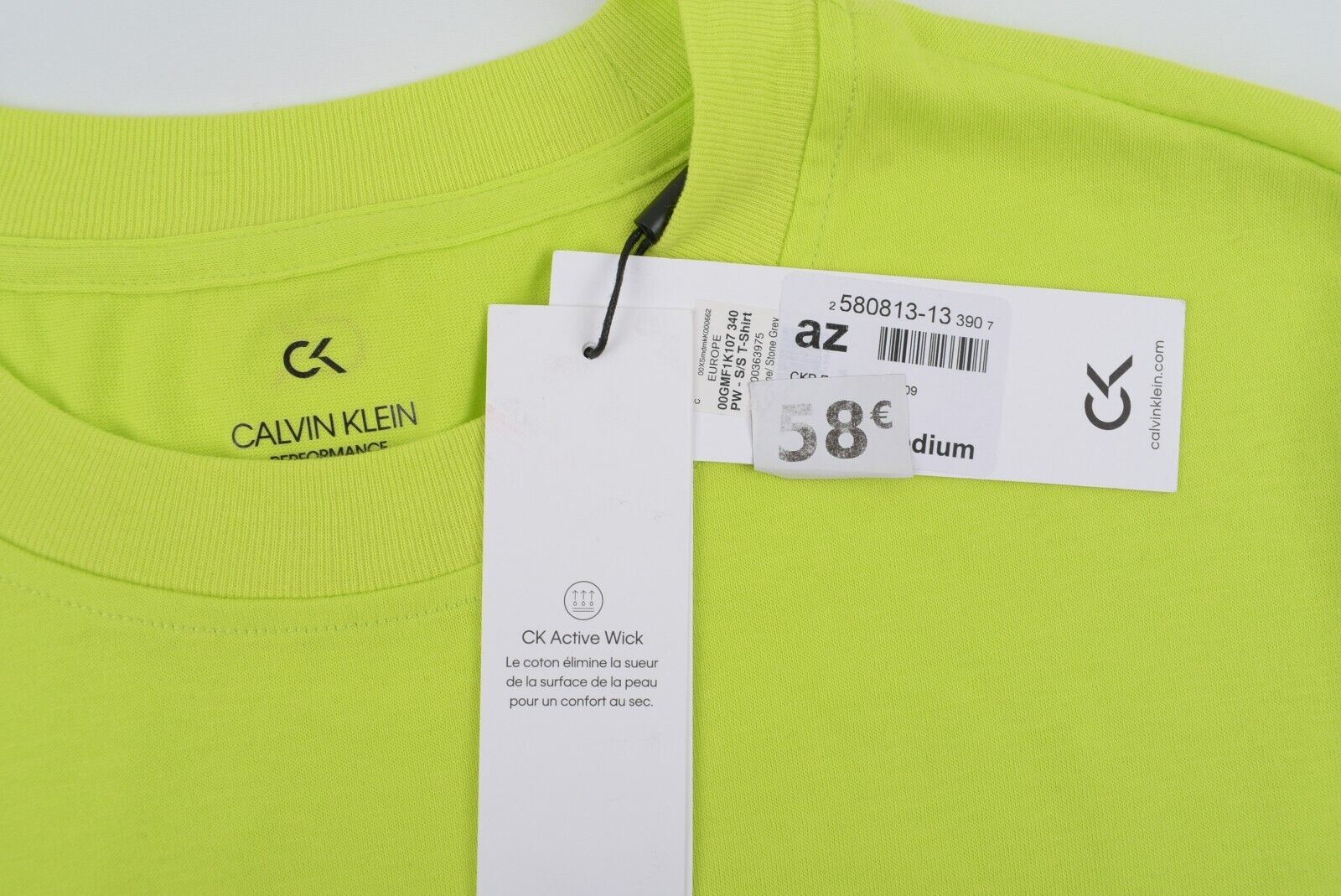 CALVIN KLEIN Performance: Men's Crew Neck T-shirt, Acid Lime, size MEDIUM