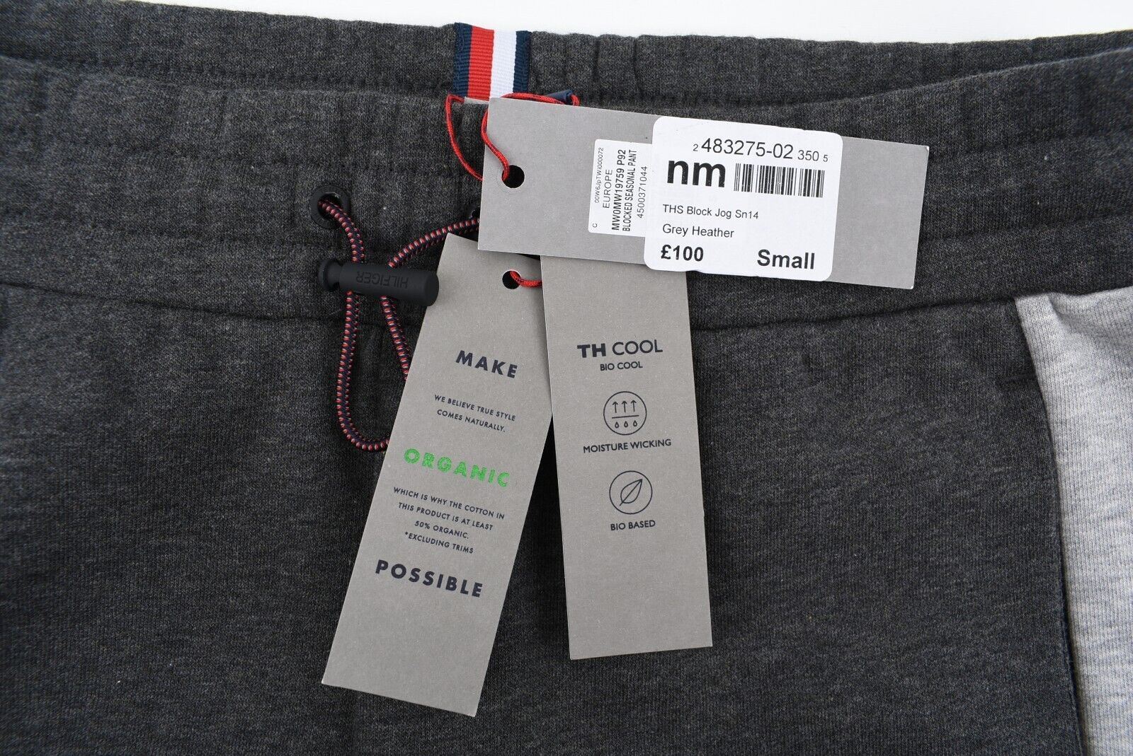 TOMMY HILFIGER Men's Block Joggers, Organic Cotton Blend, Grey Heather, size S