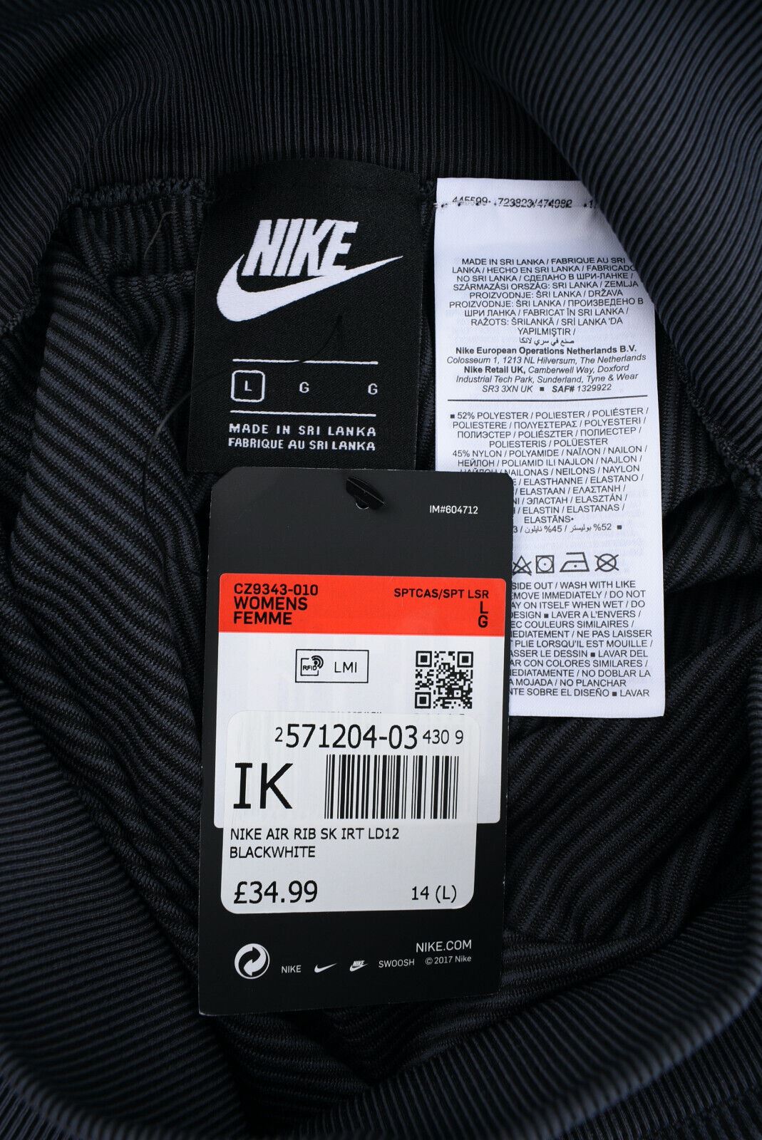 NIKE AIR Women's Rib Mini Skirt, Black, size L /UK 14